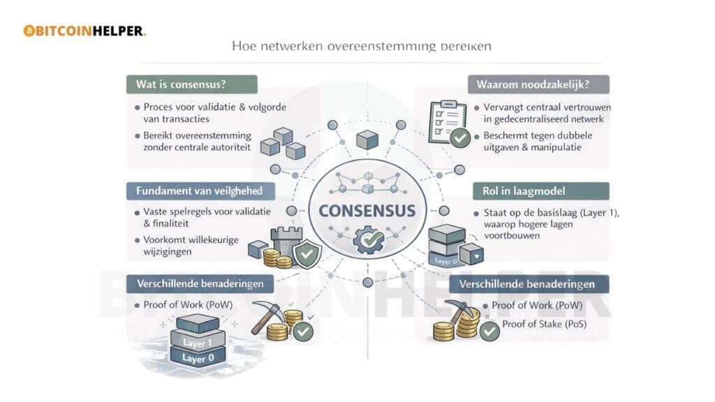 Infographic die uitlegt hoe consensus in blockchain werkt, waarom het noodzakelijk is in gedecentraliseerde netwerken en hoe mechanismen zoals Proof of Work en Proof of Stake veiligheid en betrouwbaarheid waarborgen.