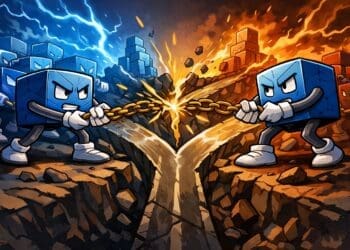 Cartoonillustratie van twee blockchain-kubussen die aan een ketting trekken, waardoor de grond scheurt en een fork ontstaat tussen twee netwerken