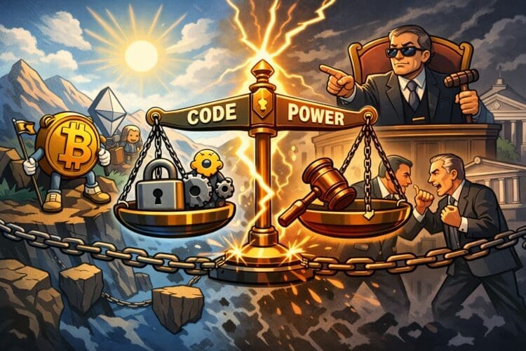 Karikatuur van blockchain governance waarin een balans tussen code en macht de spanningen binnen een gedecentraliseerd netwerk weergeeft