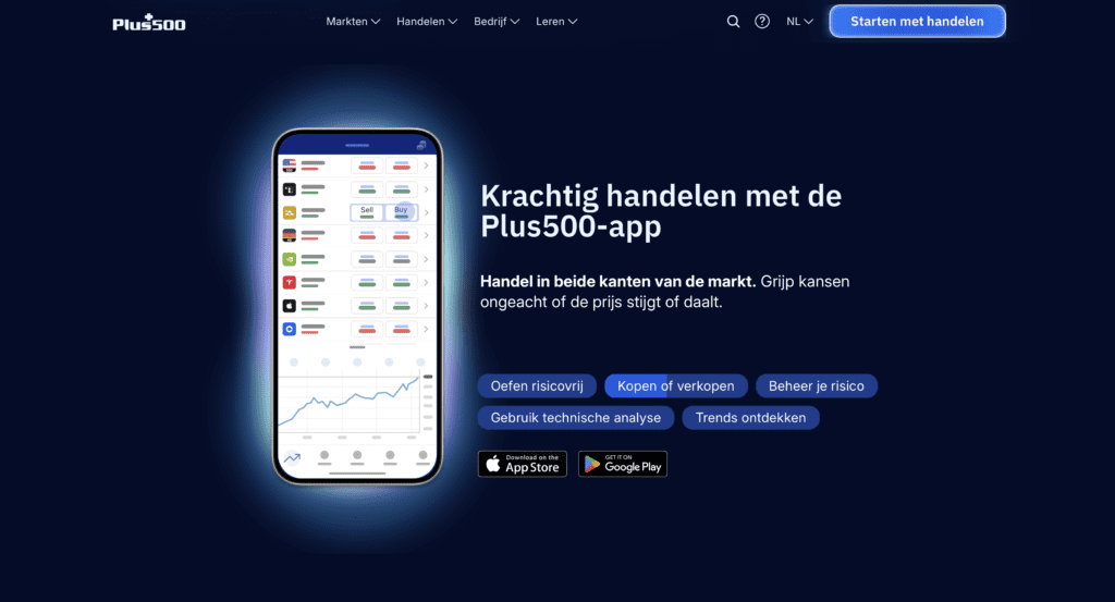 Screenshot van de Plus500 app waarin de mobiele trading interface met markten, koop- en verkoopknoppen en grafieken zichtbaar is.