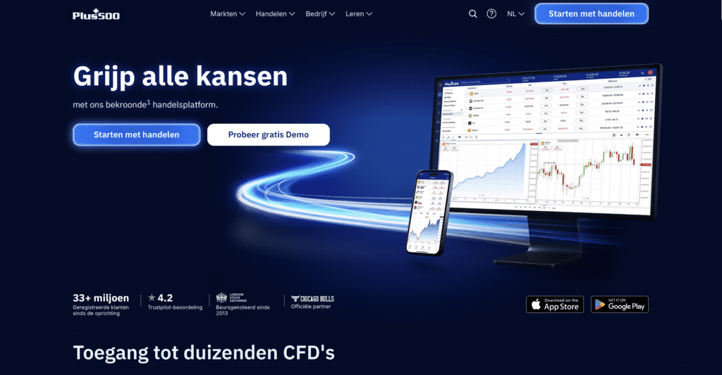 Screenshot van het Plus500 handelsplatform met desktop dashboard, koersgrafieken en trading interface voor CFD markten.