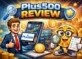 Cartoon illustratie van een Plus500 review met een trader, Bitcoin-karakter en handelsgrafieken die crypto CFD trading op het platform visualiseren.