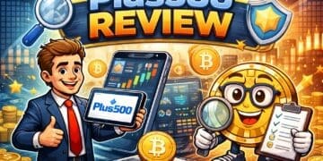 Cartoon illustratie van een Plus500 review met een trader, Bitcoin-karakter en handelsgrafieken die crypto CFD trading op het platform visualiseren.