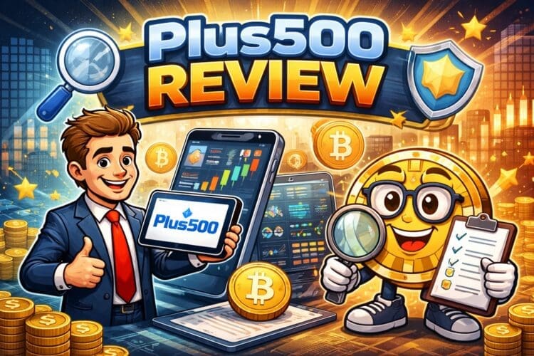 Cartoon illustratie van een Plus500 review met een trader, Bitcoin-karakter en handelsgrafieken die crypto CFD trading op het platform visualiseren.
