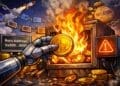 Crypto karikatuur illustratie van token burn waarbij tokens worden verbrand en de totale token supply van een blockchain afneemt